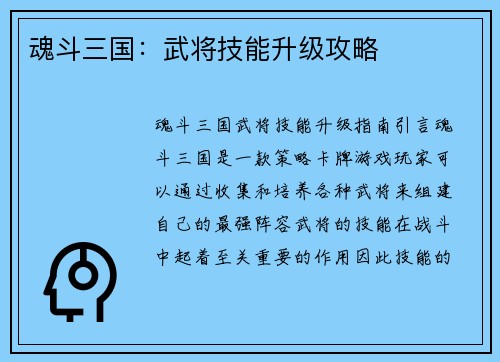 魂斗三国：武将技能升级攻略