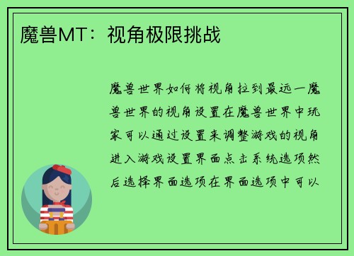 魔兽MT：视角极限挑战