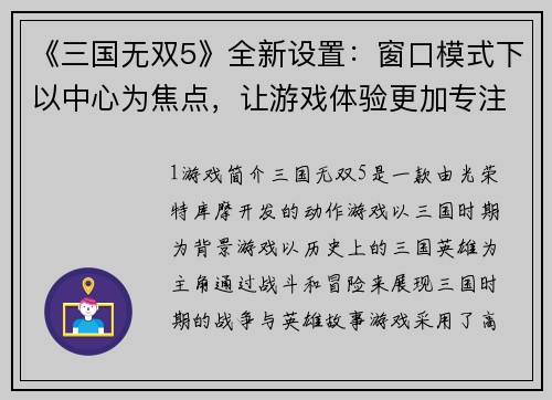 《三国无双5》全新设置：窗口模式下以中心为焦点，让游戏体验更加专注